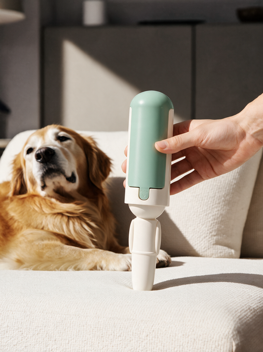 Reusable Pet Hair Remover Roller with dog on couch